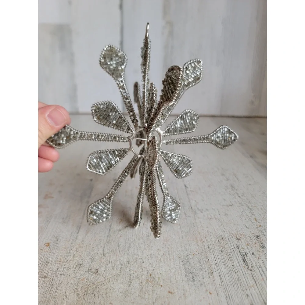 Vintage large beaded silver snowflake ornament Xmas unique 3D home decor
